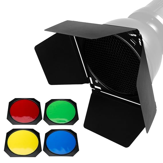 Professional Lighting Modifier Kit with Barndoor Honeycomb Grid Color Gels